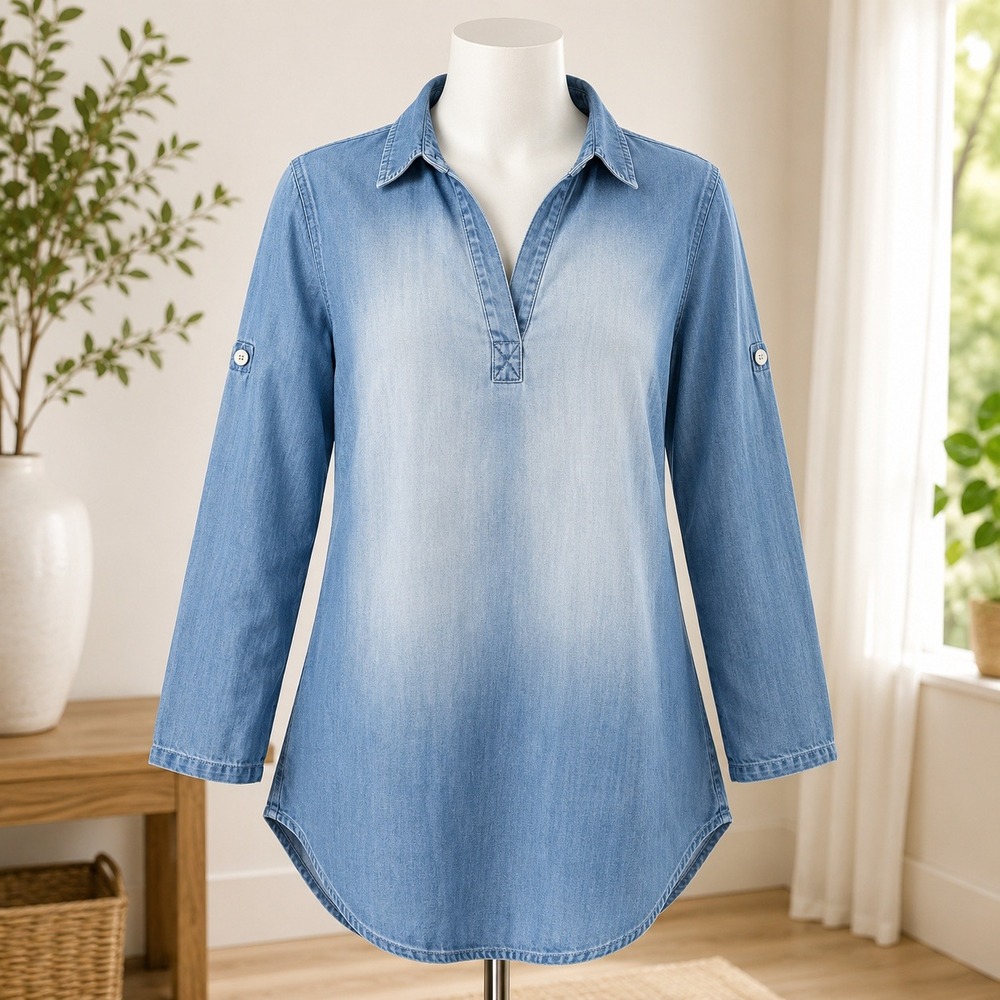 Cato Denim Tunic Women Small Blue Roll Tab Sleeve V-Neck Light Wash Chambray